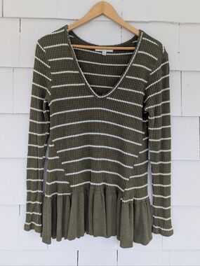 Anthropologie Eri + Ali Olive Green White Striped Ruffle Bottom Long Sleeve Top